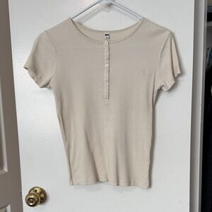 Uniqlo Women's Beige Short Sleeve Henley Top
